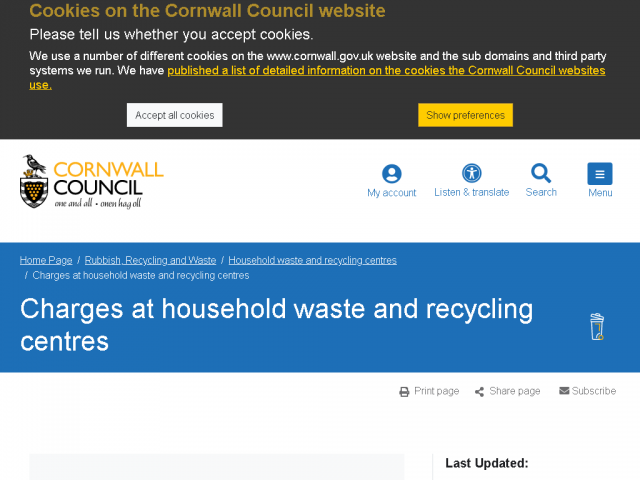 Charges at household waste and recycling centres - Cornwall Council |   Last Updated:  28/08/2024